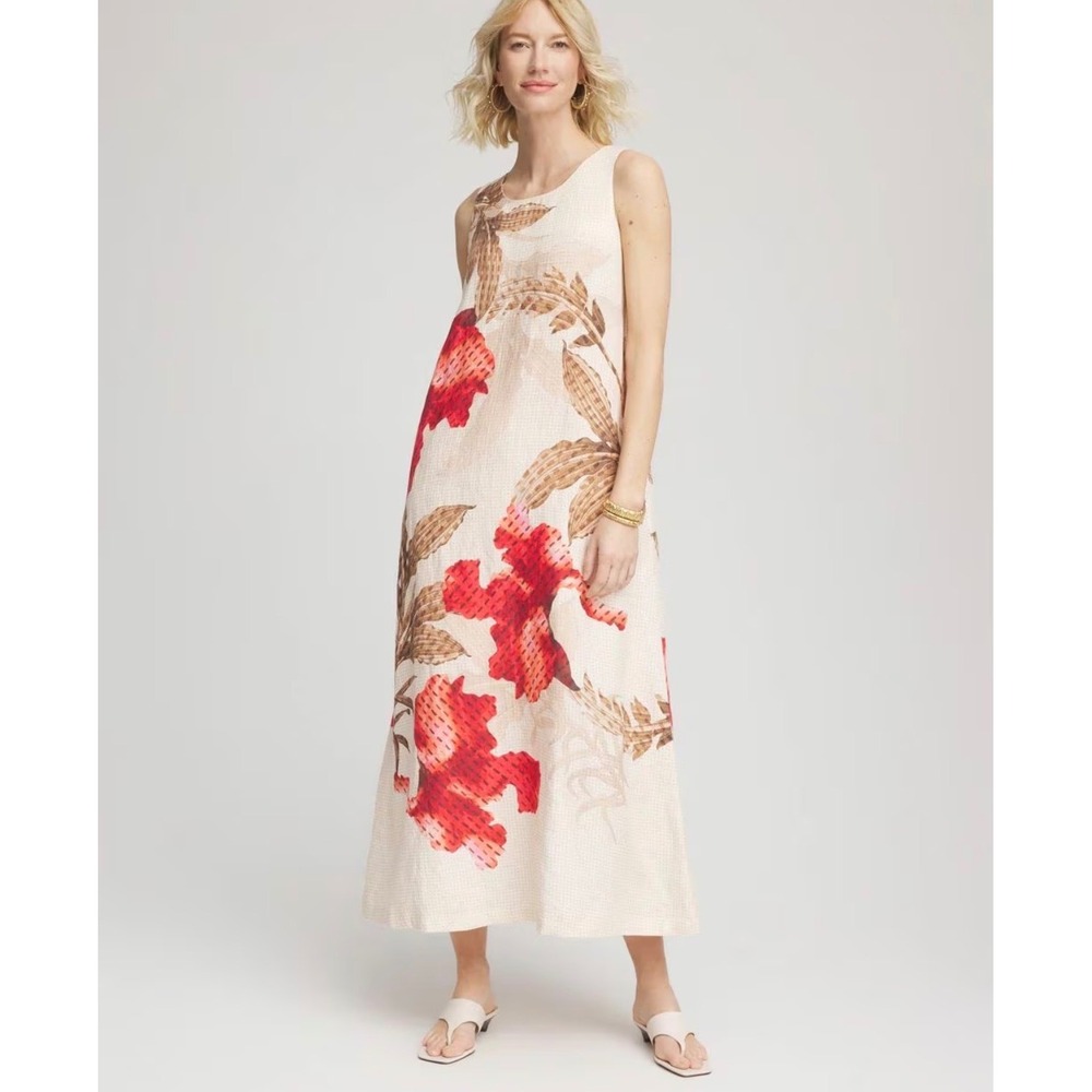 Chicos Floral Tank Linen Maxi Dress 12P Tan Red Floral Sleeveless Coastal Summer
